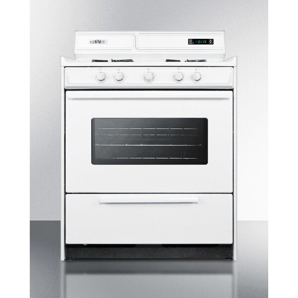 Summit Appliance Div. Summit-Deluxe Gas Range, 30"W Electronic Ignition, Digital Clock/Timer, Oven Door, Light - WNM2307KW