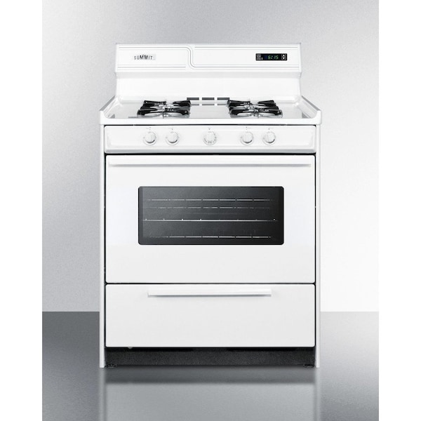 Summit Appliance Div. Summit-Deluxe Gas Range, 30"W Electronic Ignition, Digital Clock/Timer, Oven Door, Light - WNM2307KW