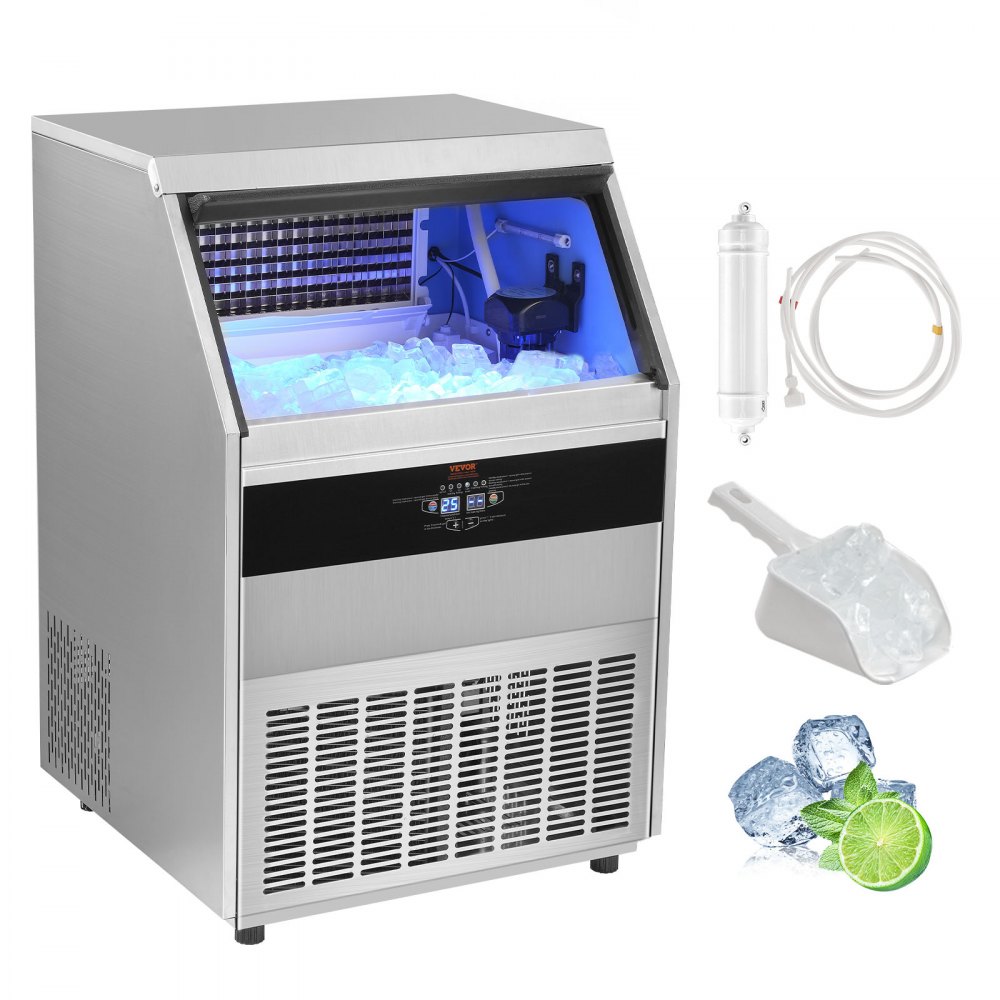 VEVOR Máquina para hacer hielo comercial, 450 libras/24 horas, máquina para hacer hielo, 160 cubitos de hielo en 12-15 minutos, máquina para hacer hielo con gabinete independiente con capacidad de almacenamiento de 130 libras, pantalla digital LED, para bar, hogar, oficina, restaurante - SYYTSFBZBJ44NY30VV1