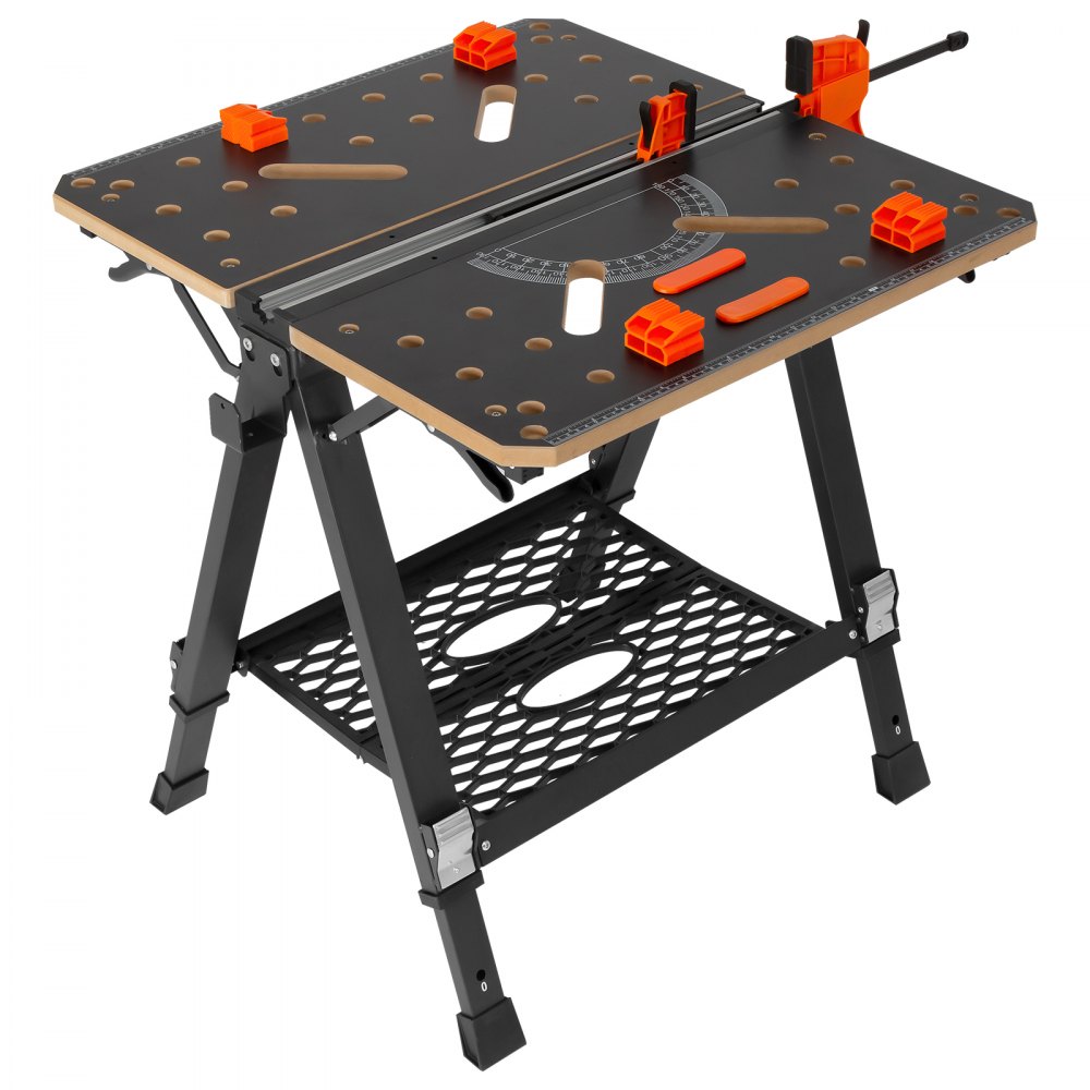 VEVOR Folding Work Table, 2-in-1 as Sawhorse & Workbench, 1000 lbs Capacity, 7 Adjustable Heights, Steel Legs, Portable Foldable Tool Stand with Wood Clamp, 4 Bench Dogs, 2 Hooks, Easy Garage Storage - B454KG70X65CM9NVGV0