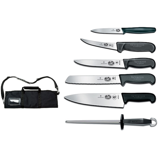 Swiss Army Brands Victorinox 46152 Kitchen Black Culinary Set, 7-Piece Fibrox Pro Culinary Set With Canvas Roll - VIC-7.4012-X12