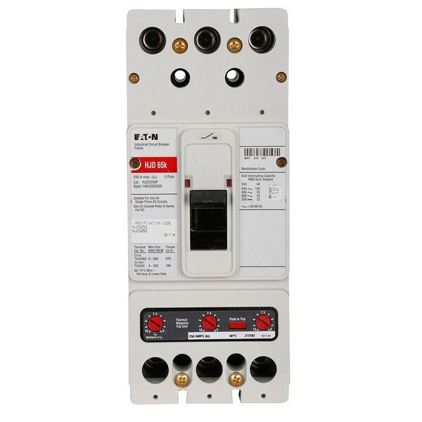 Eaton Molded Case Circuit Breaker, HJD Series, 250A, 3 Pole, 600V AC, 100kA at 240V AC - HJD3250