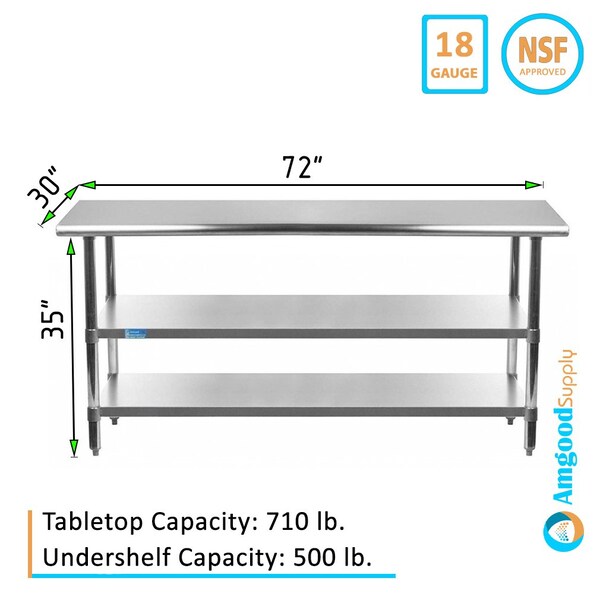 Amgood 30x72 Prep Table with Stainless Steel Top and 2 Shelves - AMG WT-3072-2SH
