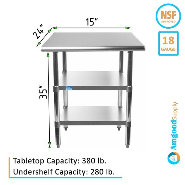 Amgood 24x15 Prep Table with Stainless Steel Top and 2 Shelves - AMG WT-2415-2SH