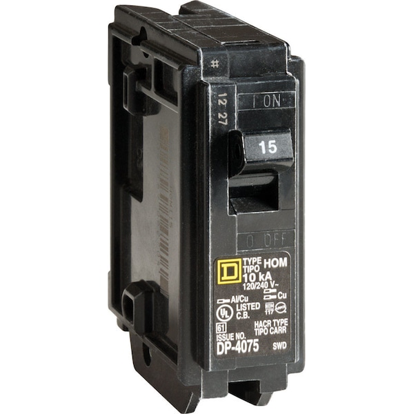 Square D Circuit Breaker, HOM Series, 15A, 1 Pole, 120/240V AC, 10kA - HOM115CP1235