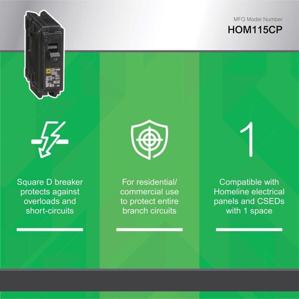 Square D Circuit Breaker, HOM Series, 15A, 1 Pole, 120/240V AC, 10kA - HOM115CP1235