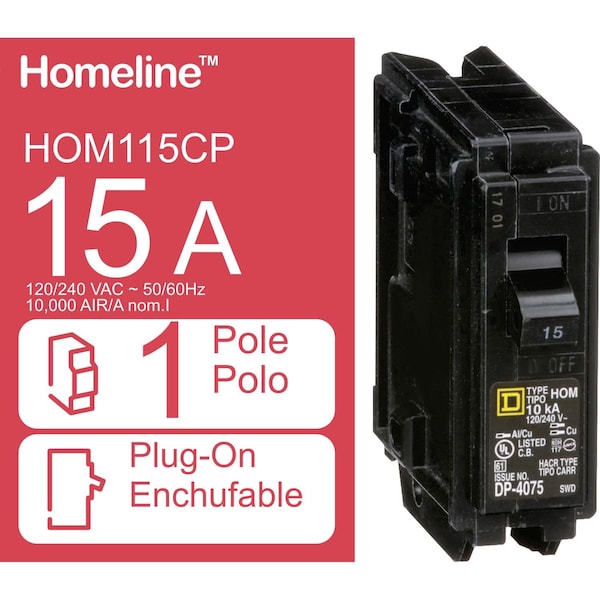 Square D Circuit Breaker, HOM Series, 15A, 1 Pole, 120/240V AC, 10kA - HOM115CP1235