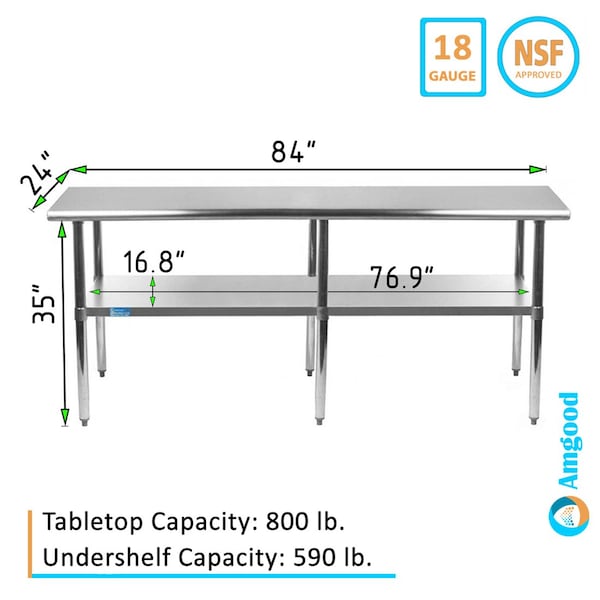 Amgood 24x84 Prep Table with Stainless Steel Top and 2 Shelves - AMG WT-2484-2SH