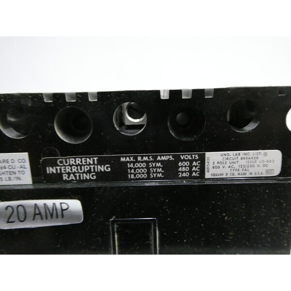 Square D 3P 20A AMP 240/480/600V-AC MOLDED CASE CIRCUIT BREAKER - FAL-36020