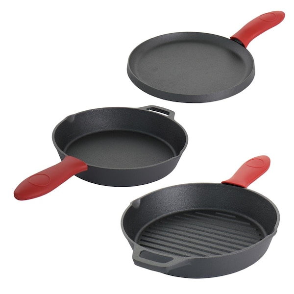 Megachef 6 Piece Pre-Seasoned Cast Iron Set with Red Silicone Holders - MCCI-570