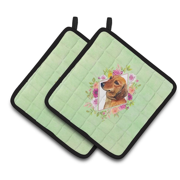 Carolines Treasures 7.5 x 7.5 in. Dachshund Red No.1 Green Flowers Pair of Pot Holders - CK4294PTHD