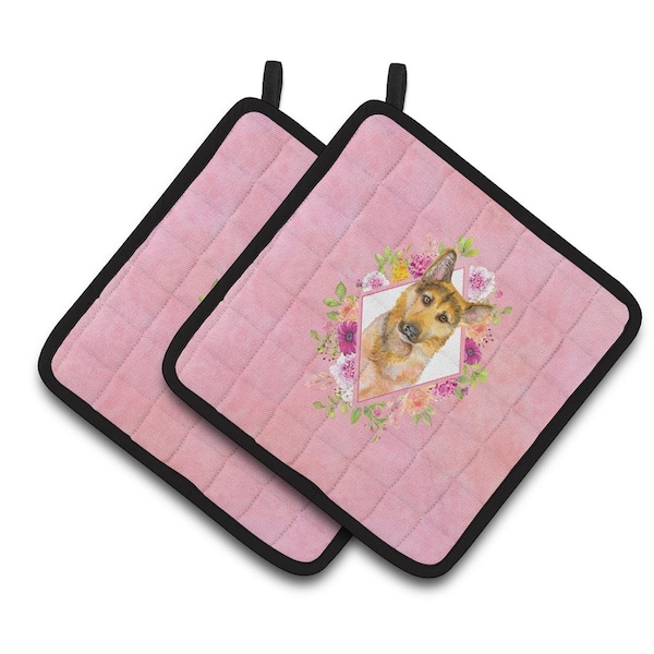 Carolines Treasures 7.5 x 7.5 in. German Shepherd No.2 Pink Flowers Pair of Pot Holders - CK4147PTHD