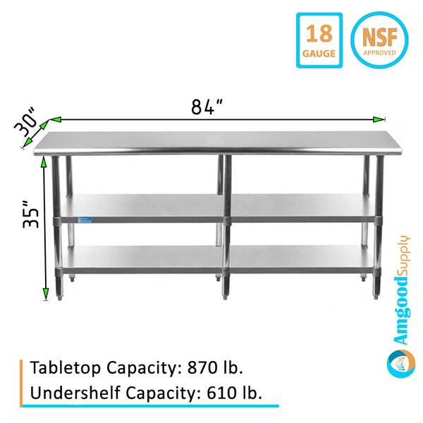 Amgood 30x84 Prep Table with Stainless Steel Top and 2 Shelves - AMG WT-3084-2SH