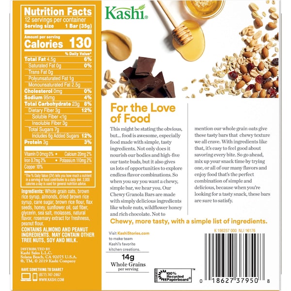 Barritas de granola masticables de almendra, miel y linaza Kashi Kashi, 1.2 oz, paquete con 72 unidades - 1862737949