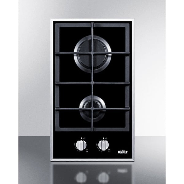 Summit Appliance Div. Summit-2-Burner Gas-On-Glass Cooktop, Sealed Burners, Cast Iron Grates - GC2BGL
