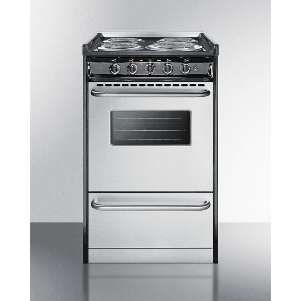 Summit Appliance Div. Summit-Slide-In Electric Range, Slim 20"W, Stainless Steel Doors, Black Porcelain Top - TEM110BRWY