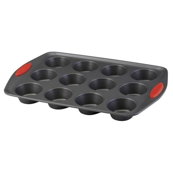 Rachael Ray Rachael Ray 47956 Yum-o Nonstick Bakeware 12-Cup Oven Lovin Muffin & Cupcake Pan; Gray with Red Handles - 47956
