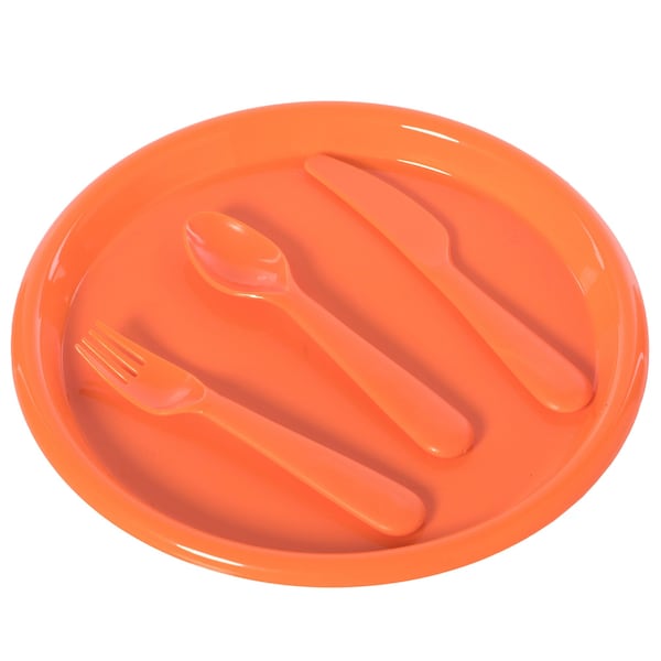 Basicwise Reusable Cutlery Set of 4 Plastic Plates, Spoons, Forks and Knives for Baby and Toddlers, Orange - QI003831.OR