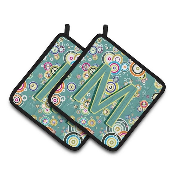 Carolines Treasures Letter M Circle Circle Teal Initial Alphabet Pair of Pot Holders, 7.5 x 3 x 7.5 in. - CJ2015-MPTHD