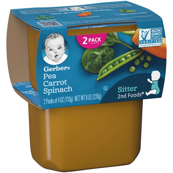 Alimentos para bebé Gerber Gerber 2nd Foods de chícharo zanahoria y espinacas, 4 oz., paquete de 16 - 00015000076634