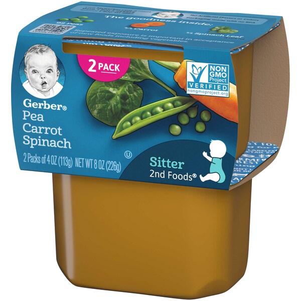 Alimentos para bebé Gerber Gerber 2nd Foods de chícharo zanahoria y espinacas, 4 oz., paquete de 16 - 00015000076634
