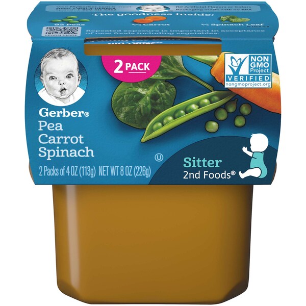 Alimentos para bebé Gerber Gerber 2nd Foods de chícharo zanahoria y espinacas, 4 oz., paquete de 16 - 00015000076634