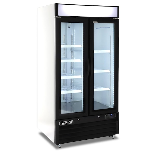 Maxx Cold Double Glass Door Narrow Width Merchandise Refrigerator, Swing Style Door, 39.5 in.W, 36 cu. ft., White - MXM2-36RHC