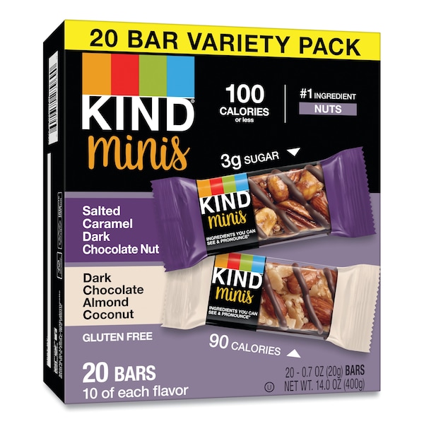 Kind Minis, nueces de chocolate oscuro con caramelo salado/almendra de chocolate oscuro con coco, 0.7oz, paquete de 20 unidades - 27970