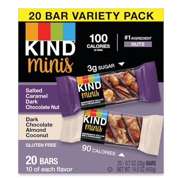 Kind Minis, nueces de chocolate oscuro con caramelo salado/almendra de chocolate oscuro con coco, 0.7oz, paquete de 20 unidades - 27970