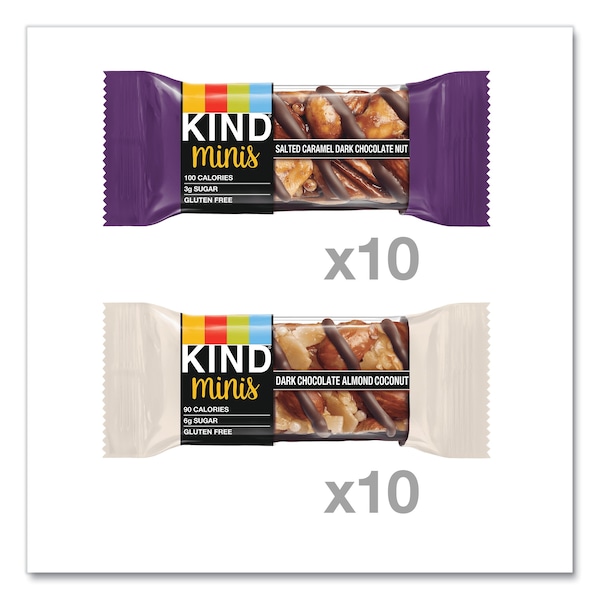 Kind Minis, nueces de chocolate oscuro con caramelo salado/almendra de chocolate oscuro con coco, 0.7oz, paquete de 20 unidades - 27970