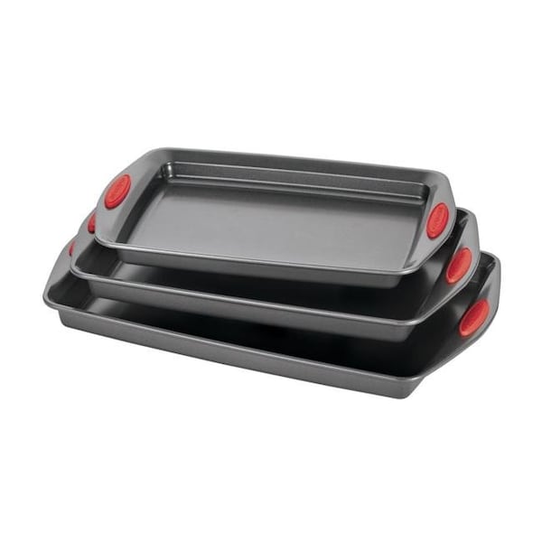 Rachael Ray Rachael Ray 47423 Nonstick Bakeware Cookie Pan Set - 3 Piece - Gray with Red Silicone Grips - 47423