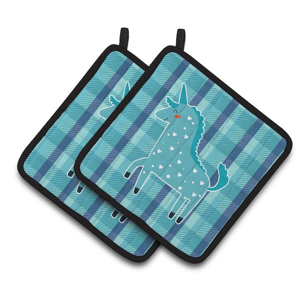 Carolines Treasures Unicorn in Plaid Pair of Pot Holders - BB6740PTHD