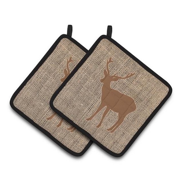 Carolines Treasures Carolines Treasures BB1012-BL-BN-PTHD Deer Faux Burlap & Brown Pair of Pot Holders; 7.5 x 3 x 7.5 in. - BB1012-BL-BN-PTHD
