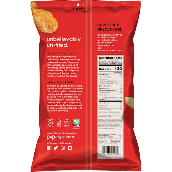 Papas Popchips de 5 oz. Sabor Barbacoa Kosher Parve, Botana de Papas, PK12 - F-AR-50090