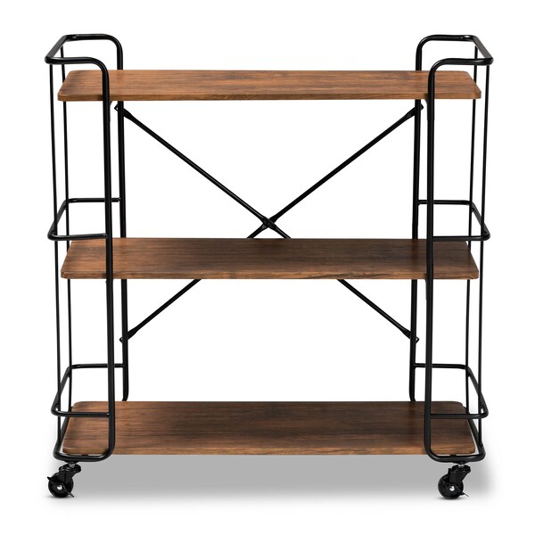 Baxton Studio Neal Black Metal and Walnut Finished Wood Bar and Kitchen Serving Cart - 163-10302