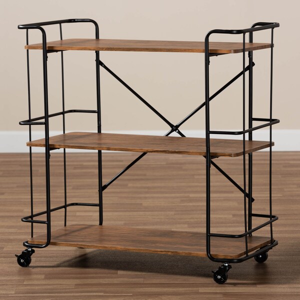 Baxton Studio Neal Black Metal and Walnut Finished Wood Bar and Kitchen Serving Cart - 163-10302