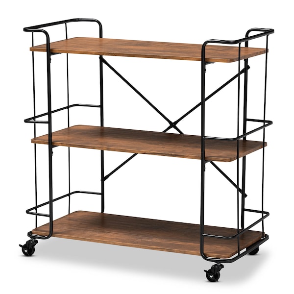 Baxton Studio Neal Black Metal and Walnut Finished Wood Bar and Kitchen Serving Cart - 163-10302