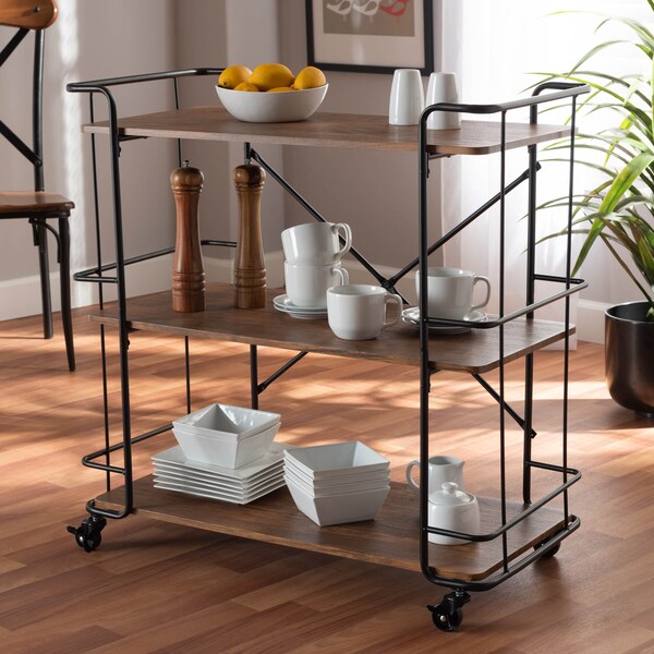 Baxton Studio Neal Black Metal and Walnut Finished Wood Bar and Kitchen Serving Cart - 163-10302