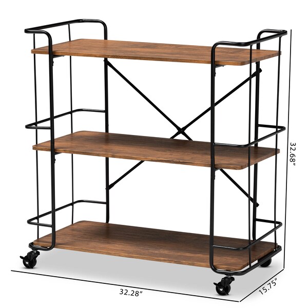 Baxton Studio Neal Black Metal and Walnut Finished Wood Bar and Kitchen Serving Cart - 163-10302