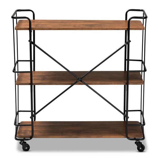 Baxton Studio Neal Black Metal and Walnut Finished Wood Bar and Kitchen Serving Cart - 163-10302