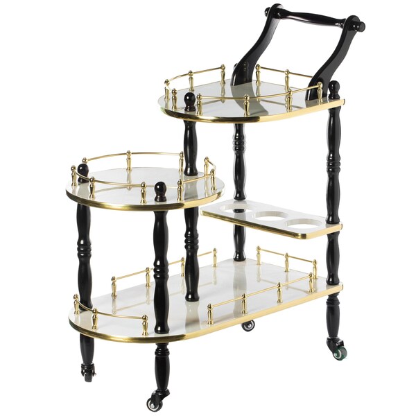 Fabulaxe Wood Serving Bar Cart Tea Trolley with 3 Tier Shelves and Rolling Wheels, Gold, Black and White - QI003775.WT