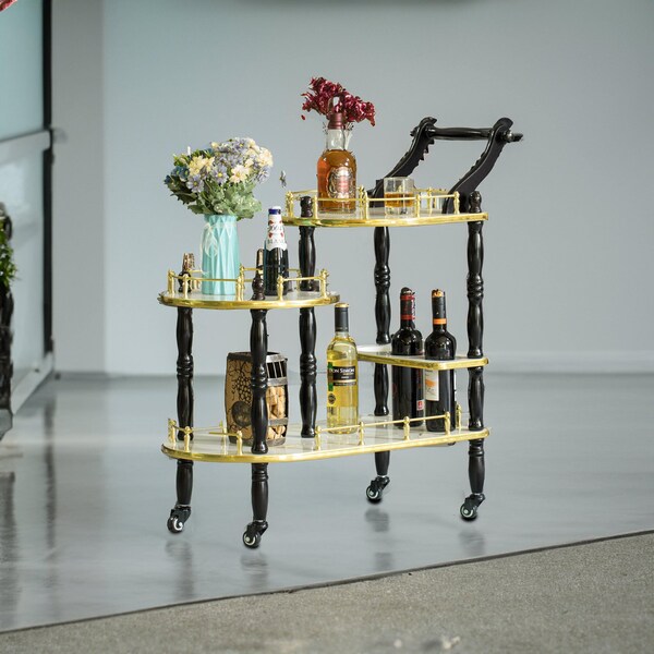 Fabulaxe Wood Serving Bar Cart Tea Trolley with 3 Tier Shelves and Rolling Wheels, Gold, Black and White - QI003775.WT