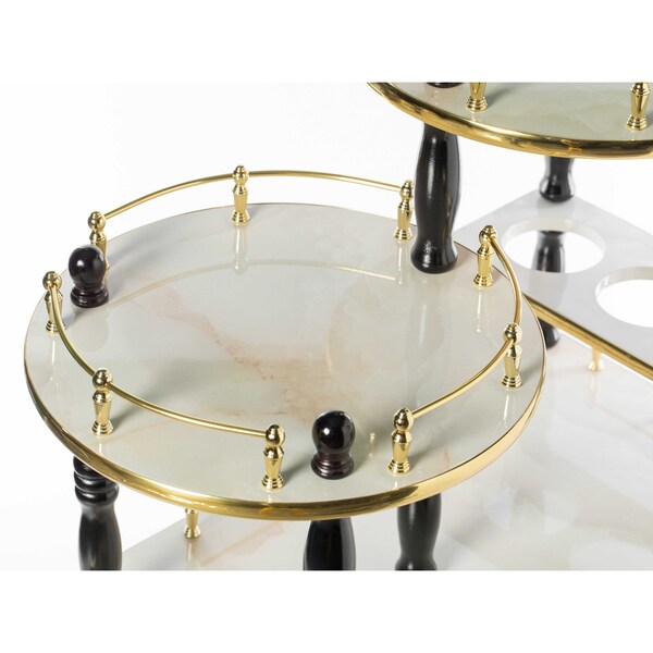 Fabulaxe Wood Serving Bar Cart Tea Trolley with 3 Tier Shelves and Rolling Wheels, Gold, Black and White - QI003775.WT
