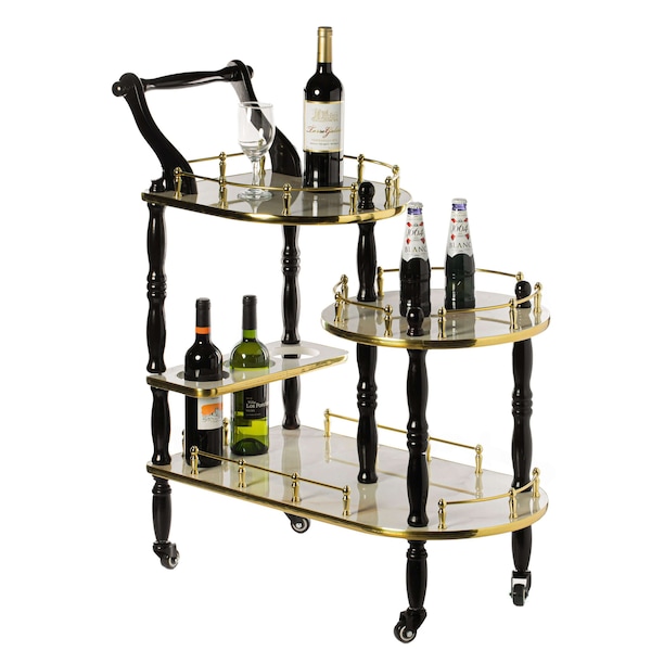 Fabulaxe Wood Serving Bar Cart Tea Trolley with 3 Tier Shelves and Rolling Wheels, Gold, Black and White - QI003775.WT