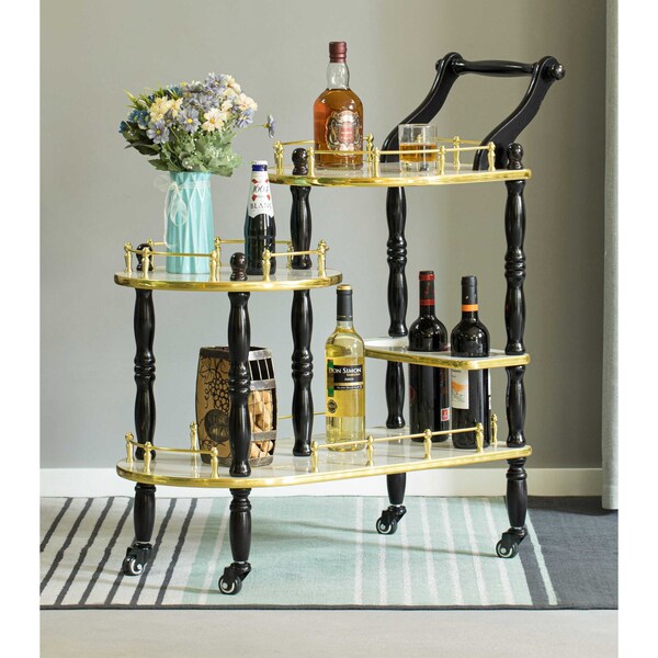 Fabulaxe Wood Serving Bar Cart Tea Trolley with 3 Tier Shelves and Rolling Wheels, Gold, Black and White - QI003775.WT