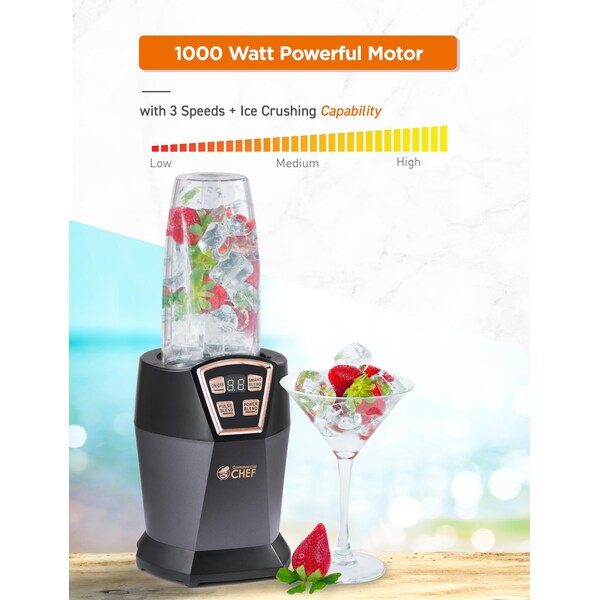 Commercial Chef Personal Blender with 3 Modes, Blender for Smoothies, Shakes & More with 6 Stainless Steel Blades - CHPB40B