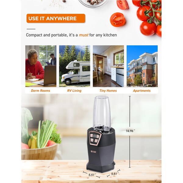 Commercial Chef Personal Blender with 3 Modes, Blender for Smoothies, Shakes & More with 6 Stainless Steel Blades - CHPB40B