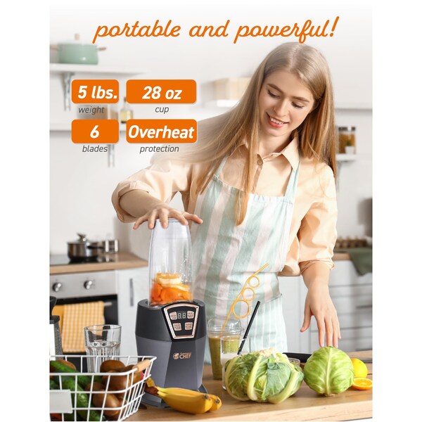 Commercial Chef Personal Blender with 3 Modes, Blender for Smoothies, Shakes & More with 6 Stainless Steel Blades - CHPB40B