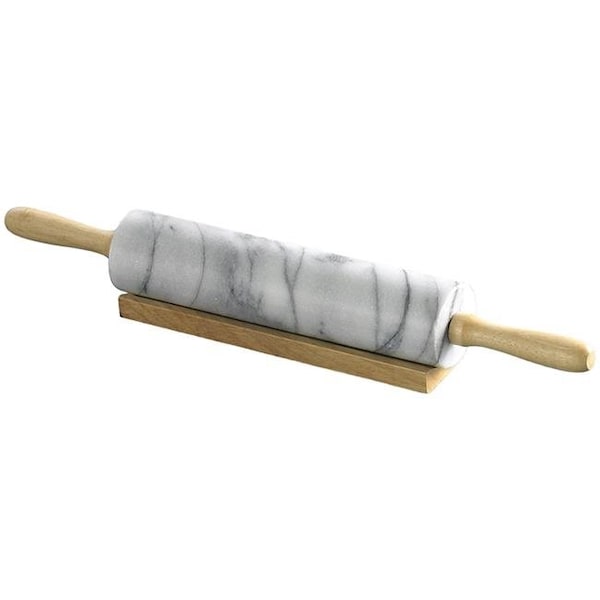 Bakeoff 18 in. White Marble Rolling Pin with Wood Cradle - BA1004298