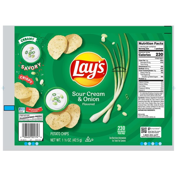 Lays Lays Papas Fritas de Crema Agria y Cebolla 1.5 oz. Bolsas, PK64 - 44361